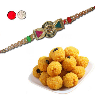 "Zardosi Rakhi - ZR-5450 A (Single Rakhi), 500gms of Laddu - Click here to View more details about this Product